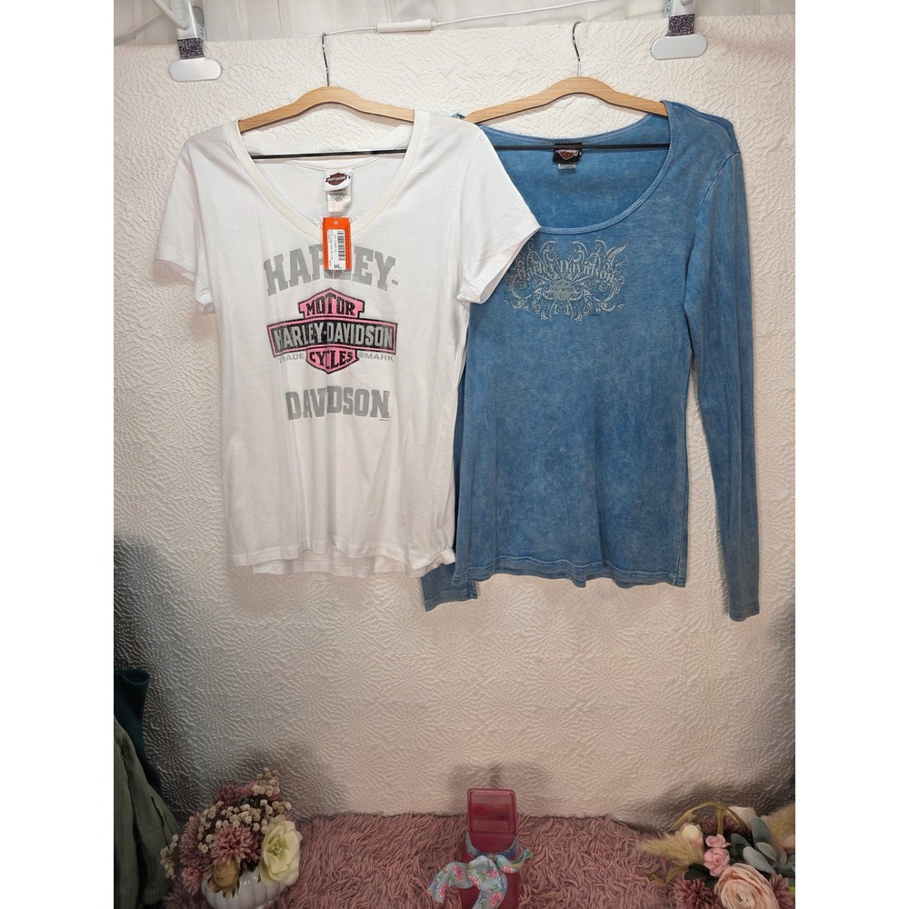 Harley Davidson Graphic Shirt Lot Women XL White Blue NWT Good Studded Vtg Style